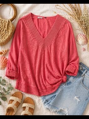 Coral Pink V-Neck Embroidered Women's Top